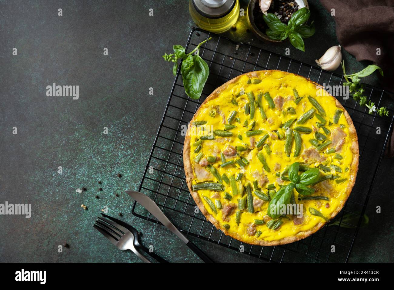 Сlassic quiche Lorraine pie with tuna, green beans and soft cheese