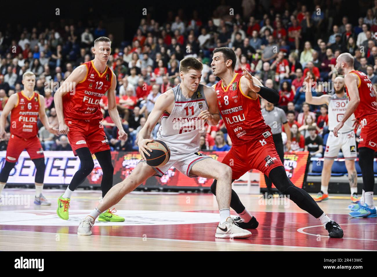 Antwerpen, Belgium. 25th May, 2023. Antwerp's Thijs De Ridder and Oostende's Nikola Jovanovic