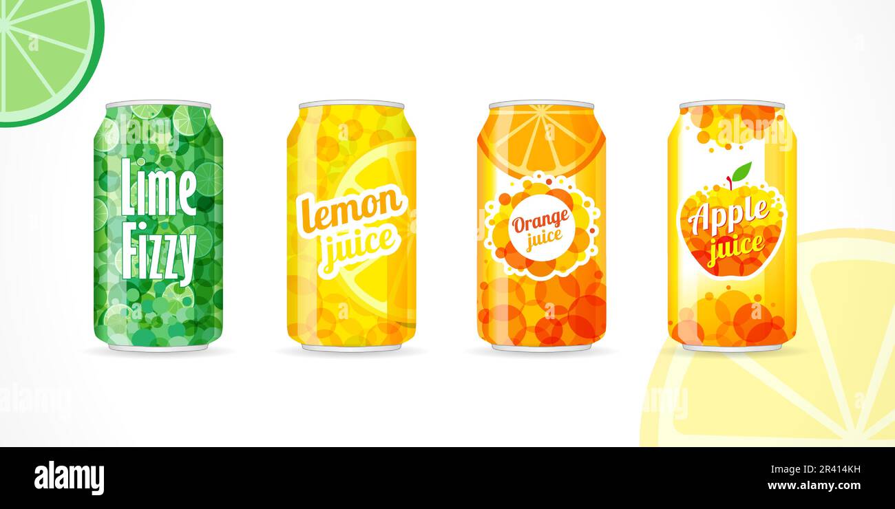 Soda can with lime, orange, lemon and apple label. Lemon, lime, orange lemonade product, soft drink cans set isolated on white background. Vector icon Stock Vector