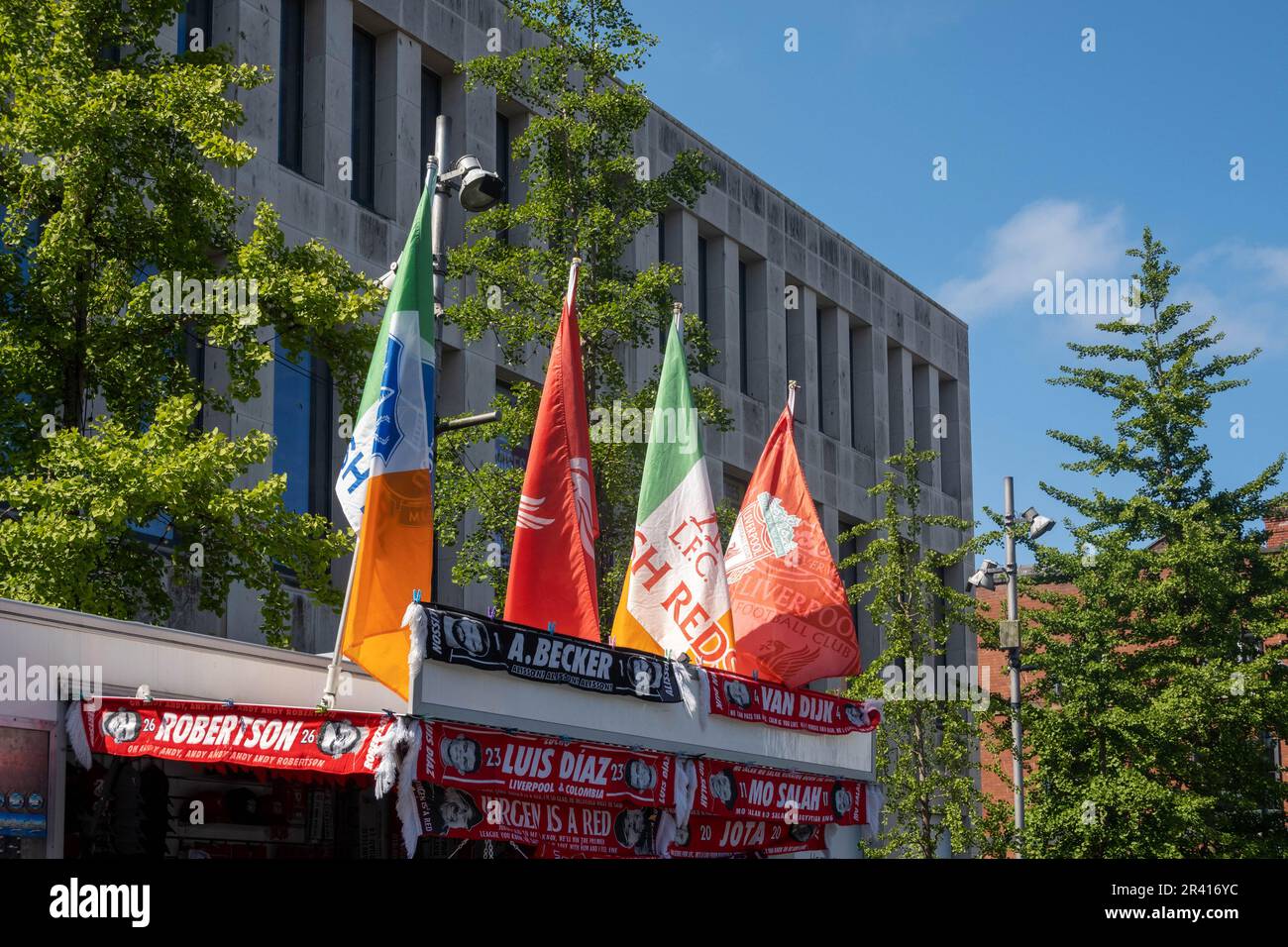 Football flags at a Liverpool kiosk Stock Photo