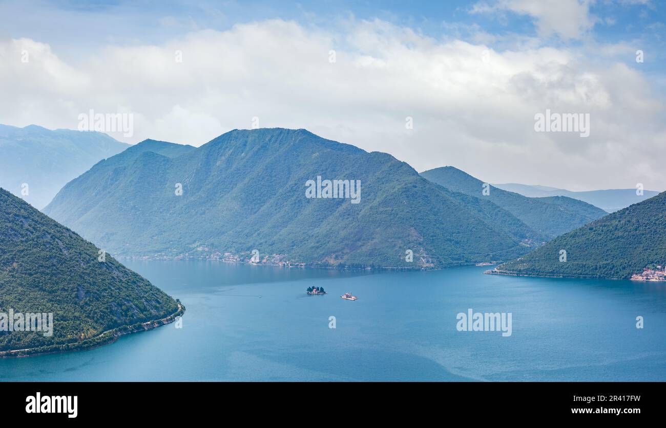 Bay of Kotor summer misty view from up and Kotor town on coast  (Montenegro) Stock Photo