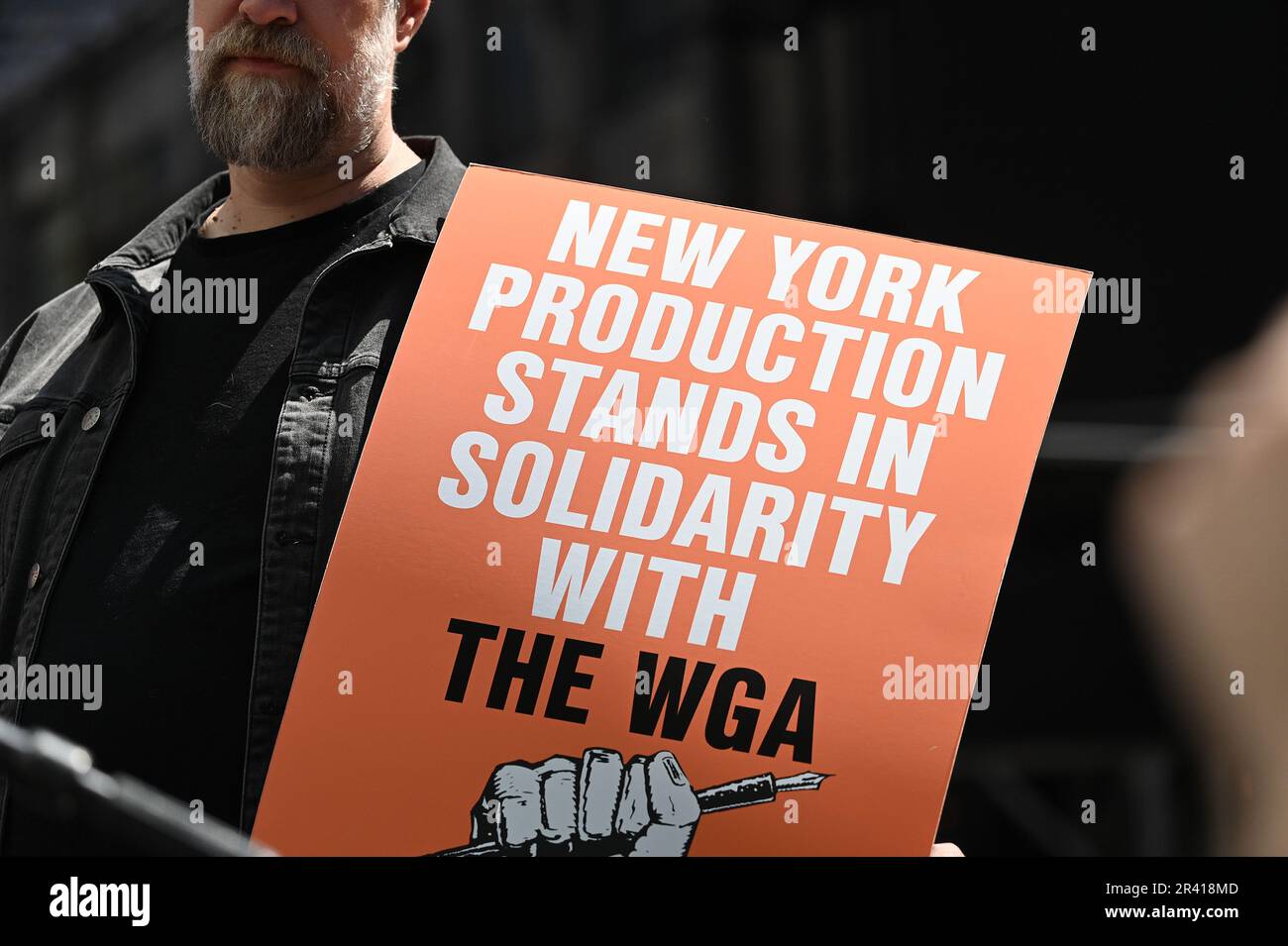 New York, USA. 25th May, 2023. Members of the Writers Guild of America (WGA) and their supporters hold an organized protest outside of Paramount offices in Times Square, New York, NY, May 25, 2023. The Writers Guild of America-East (WGA) is on strike against the Alliance of Motion Picture and Television Producers for better contract and residual rights. (Photo by Anthony Behar/Sipa USA) Credit: Sipa USA/Alamy Live News Stock Photo