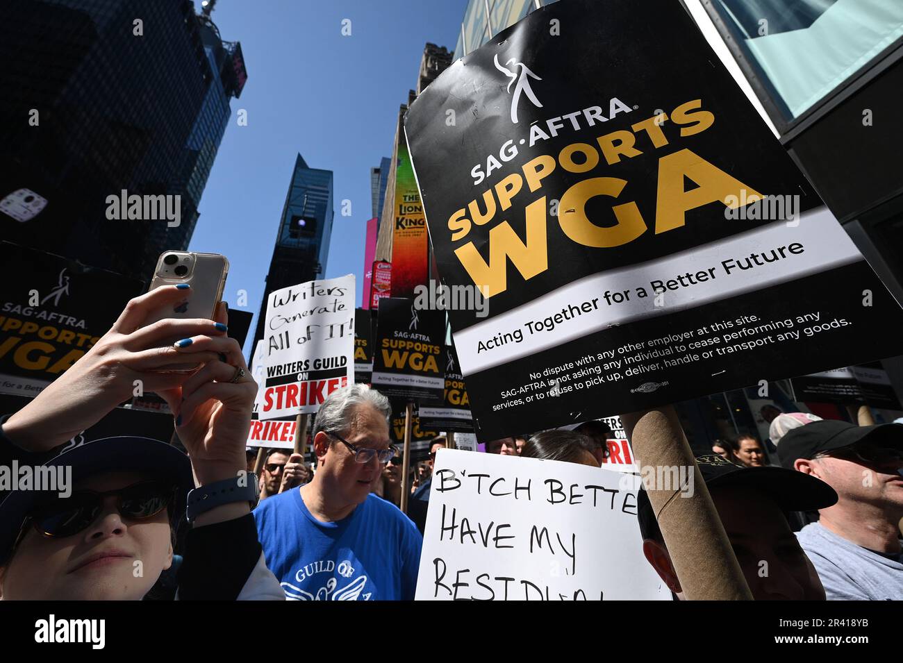 New York, USA. 25th May, 2023. Members of the Writers Guild of America (WGA) and their supporters hold an organized protest outside of Paramount offices in Times Square, New York, NY, May 25, 2023. The Writers Guild of America-East (WGA) is on strike against the Alliance of Motion Picture and Television Producers for better contract and residual rights. (Photo by Anthony Behar/Sipa USA) Credit: Sipa USA/Alamy Live News Stock Photo