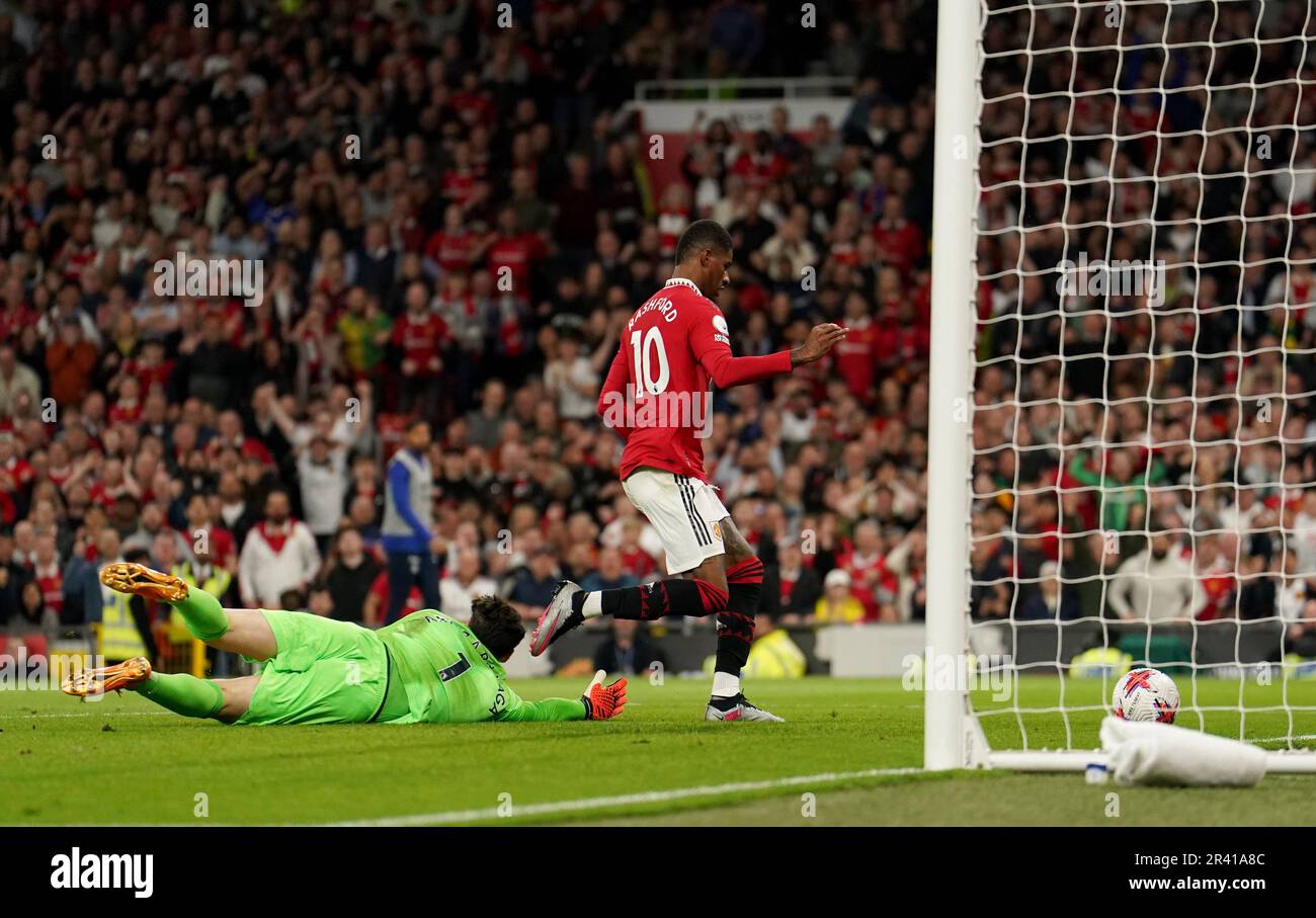 Manchester United's Marcus Rashford scores their side's fourth goal of the game during the Premier League match at Old Trafford, Manchester. Picture date: Thursday May 25, 2023. Stock Photo