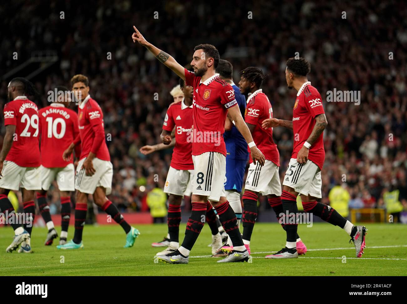 Manchester United's Bruno Fernandes celebrates scoring their side's third goal of the game from the penalty spot during the Premier League match at Old Trafford, Manchester. Picture date: Thursday May 25, 2023. Stock Photo