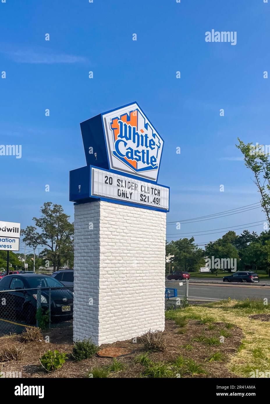 Nanuet, NY - USA - May 23, 2023 - Vertical view of the roadsigns for the iconic White Castle, an American regional hamburger restaurant chain. Stock Photo