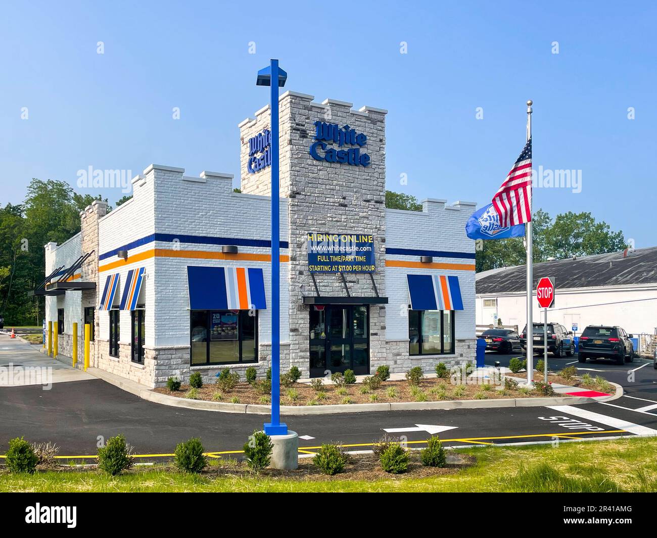 Nanuet, NY - USA - May 23, 2023 - Landscape view of the iconic White Castle, an American regional hamburger restaurant chain. Stock Photo