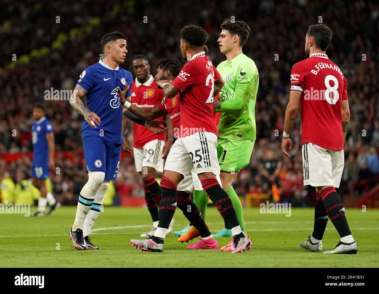 Chelsea's Enzo Fernandez (left) clashes with Manchester United players during the Premier League match at Old Trafford, Manchester. Picture date: Thursday May 25, 2023. Stock Photo