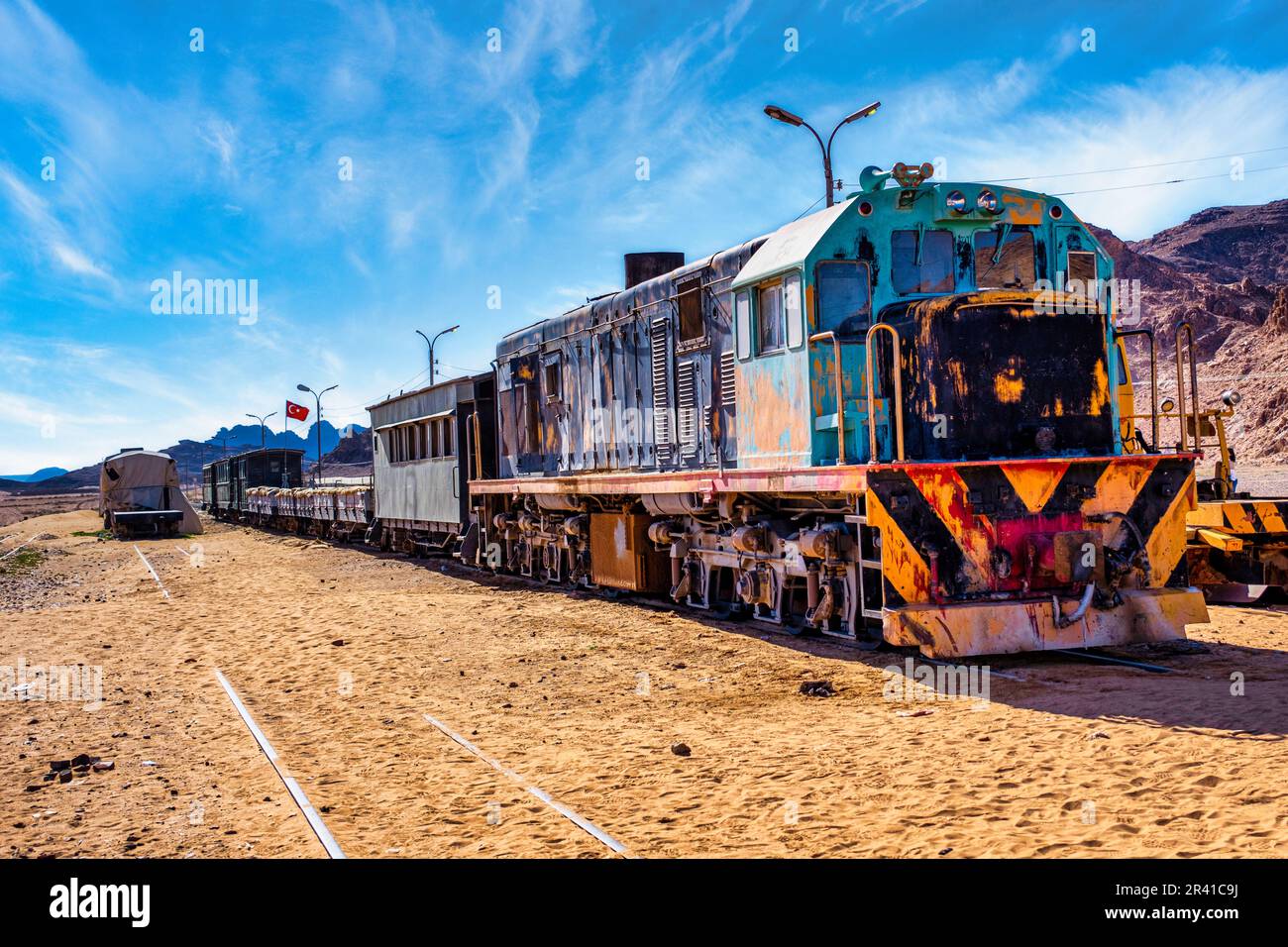 Train in the desert, close to Aqaba, Jordan, used during Ottoman Empire Stock Photo
