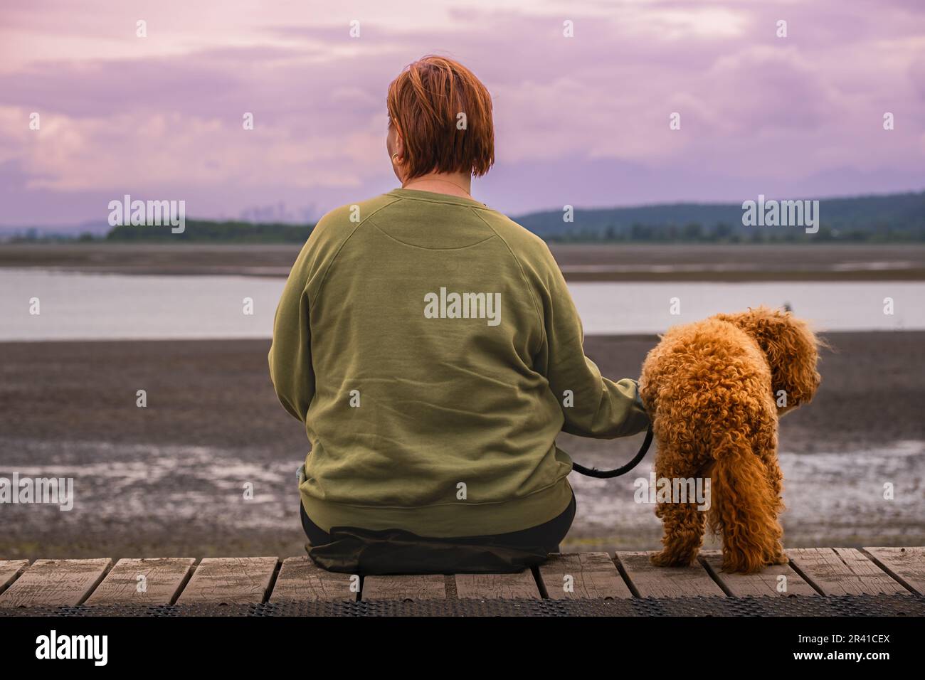 View from behind of a woman and her dog sitting on the bench. Yong woman with the dog resting on a bench while walking the dog. Family, pet, animal an Stock Photo