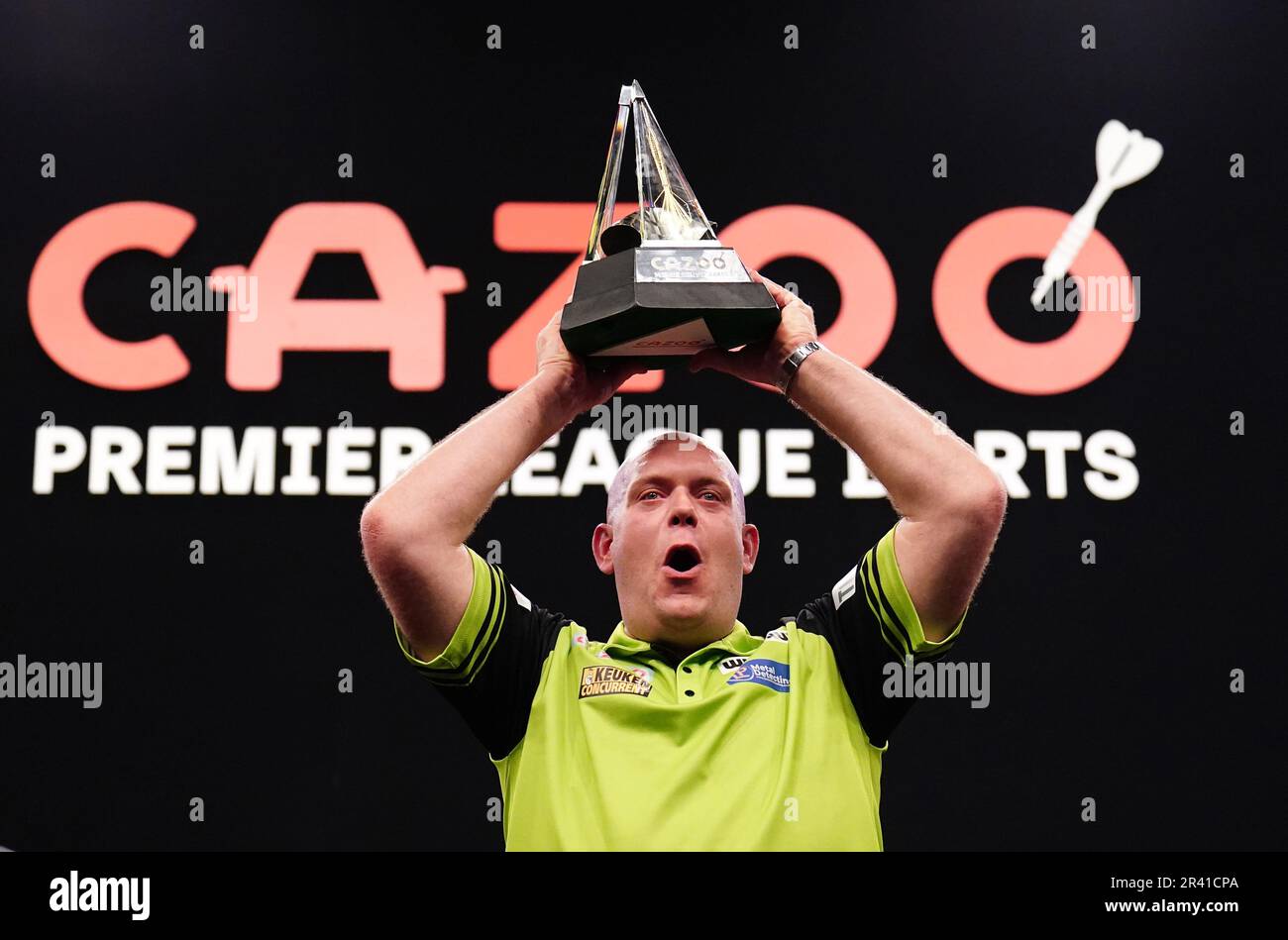Michael van Gerwen celebrates winning the Cazoo Premier League at The O2, London. Picture date: Thursday May 25, 2023. Stock Photo