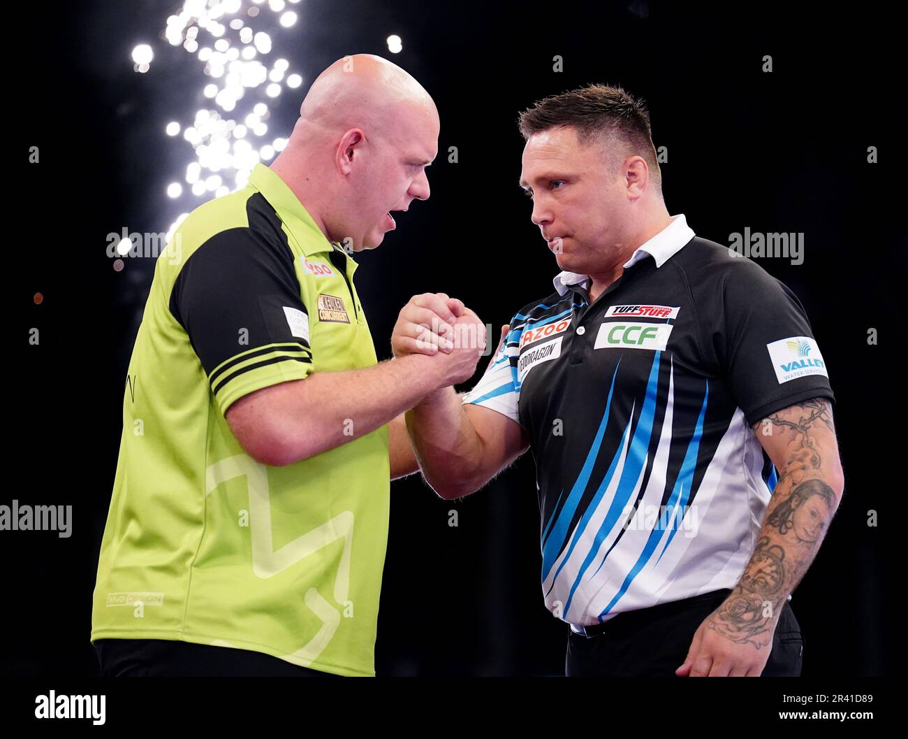 Michael van Gerwen reacts after beating Gerwyn Price and winning the Cazoo Premier League at The O2, London. Picture date: Thursday May 25, 2023. Stock Photo