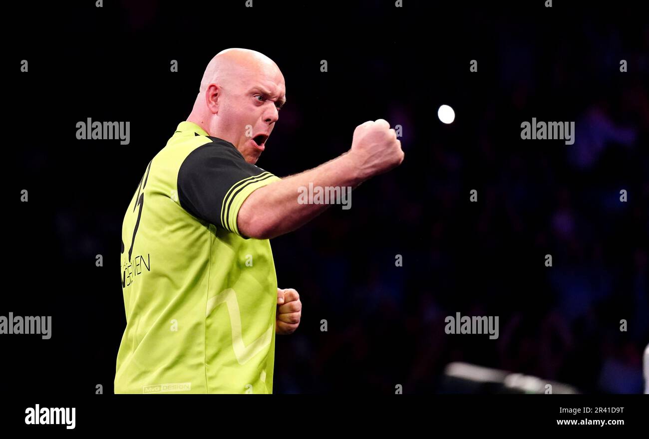 Michael van Gerwen celebrates winning the Cazoo Premier League at The O2, London. Picture date: Thursday May 25, 2023. Stock Photo