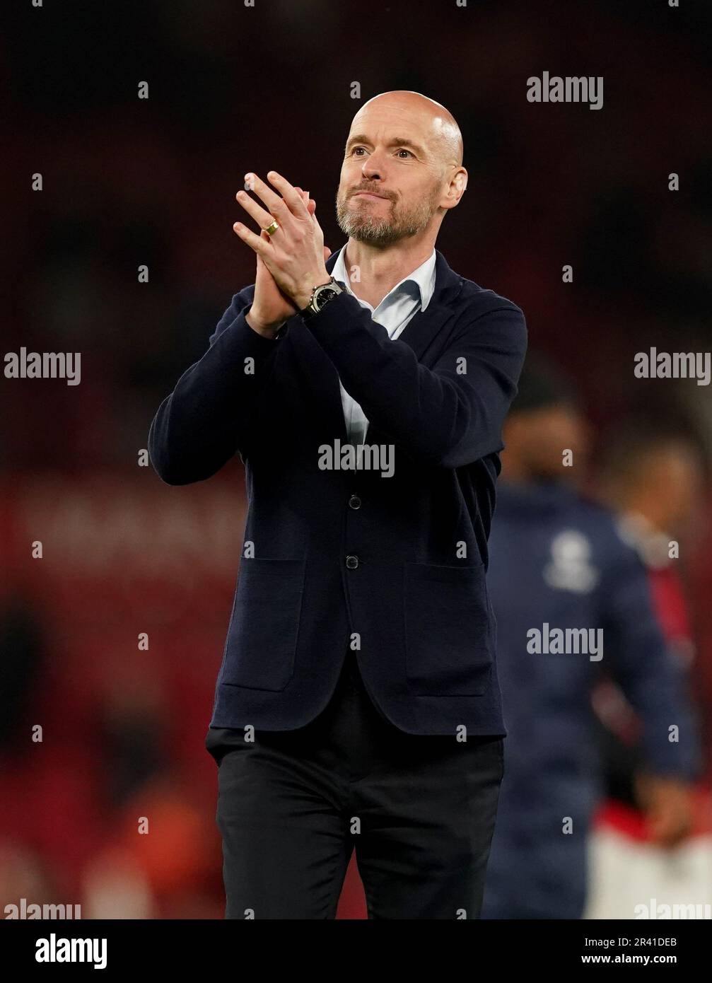 Manchester United manager Erik ten Hag applauds the fans after the Premier League match at Old Trafford, Manchester. Picture date: Thursday May 25, 2023. Stock Photo