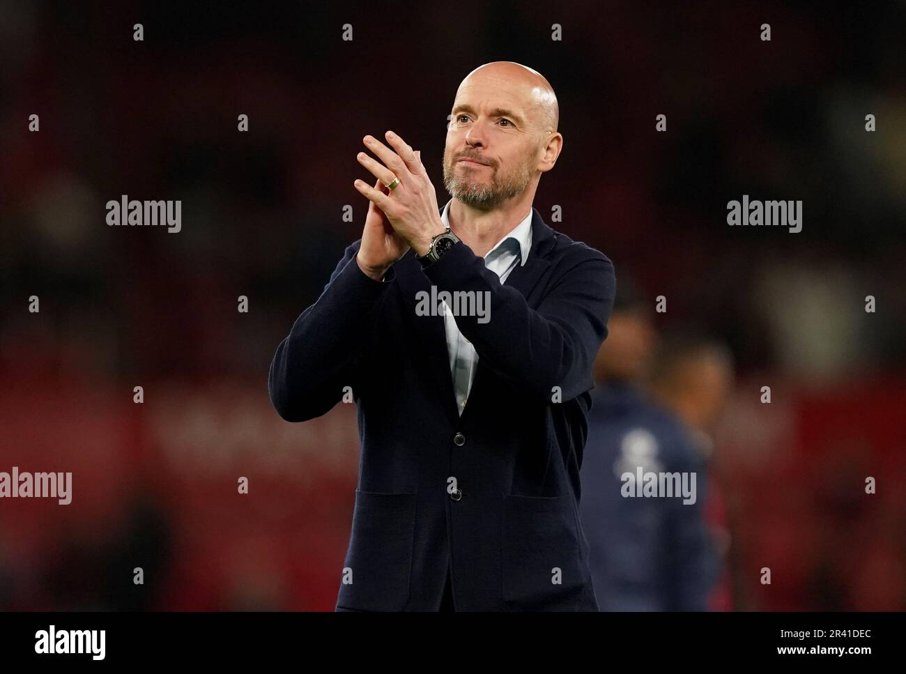 Manchester United manager Erik ten Hag applauds the fans after the Premier League match at Old Trafford, Manchester. Picture date: Thursday May 25, 2023. Stock Photo