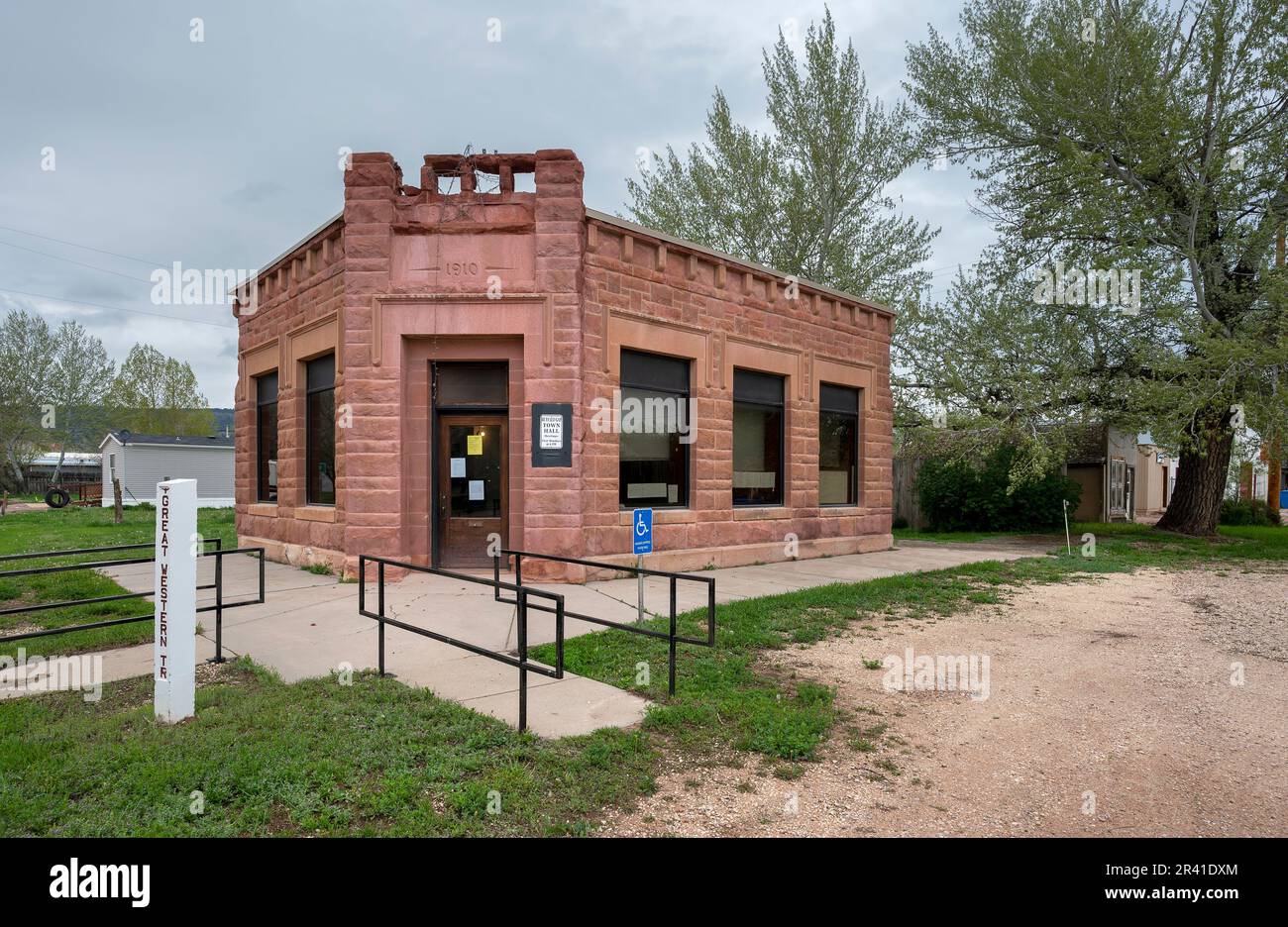 A historic bank building now used as the town hall in the village of