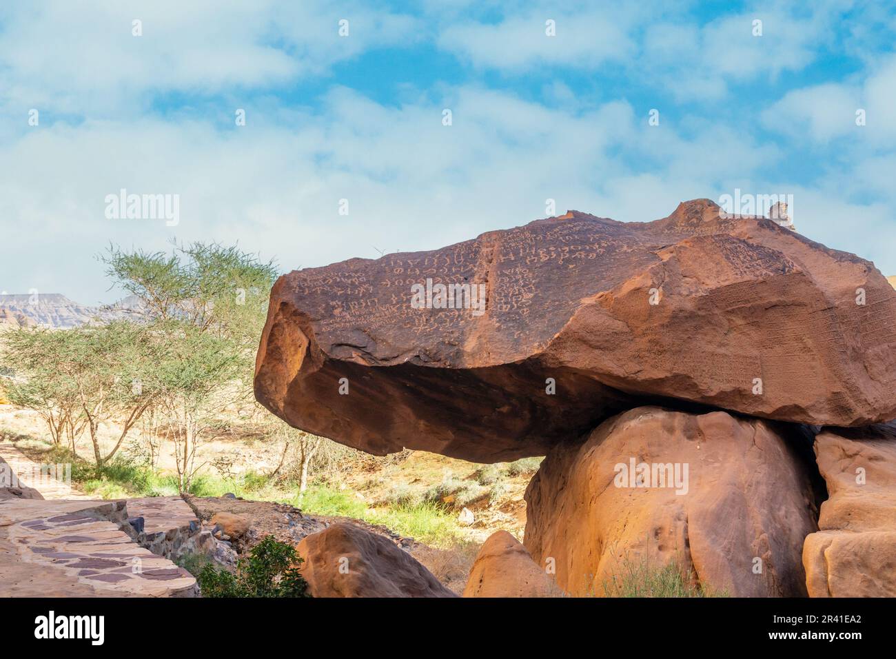 Ancient stone writings, Jabal Ikmah, Al Ula, Saudi Arabia Stock Photo