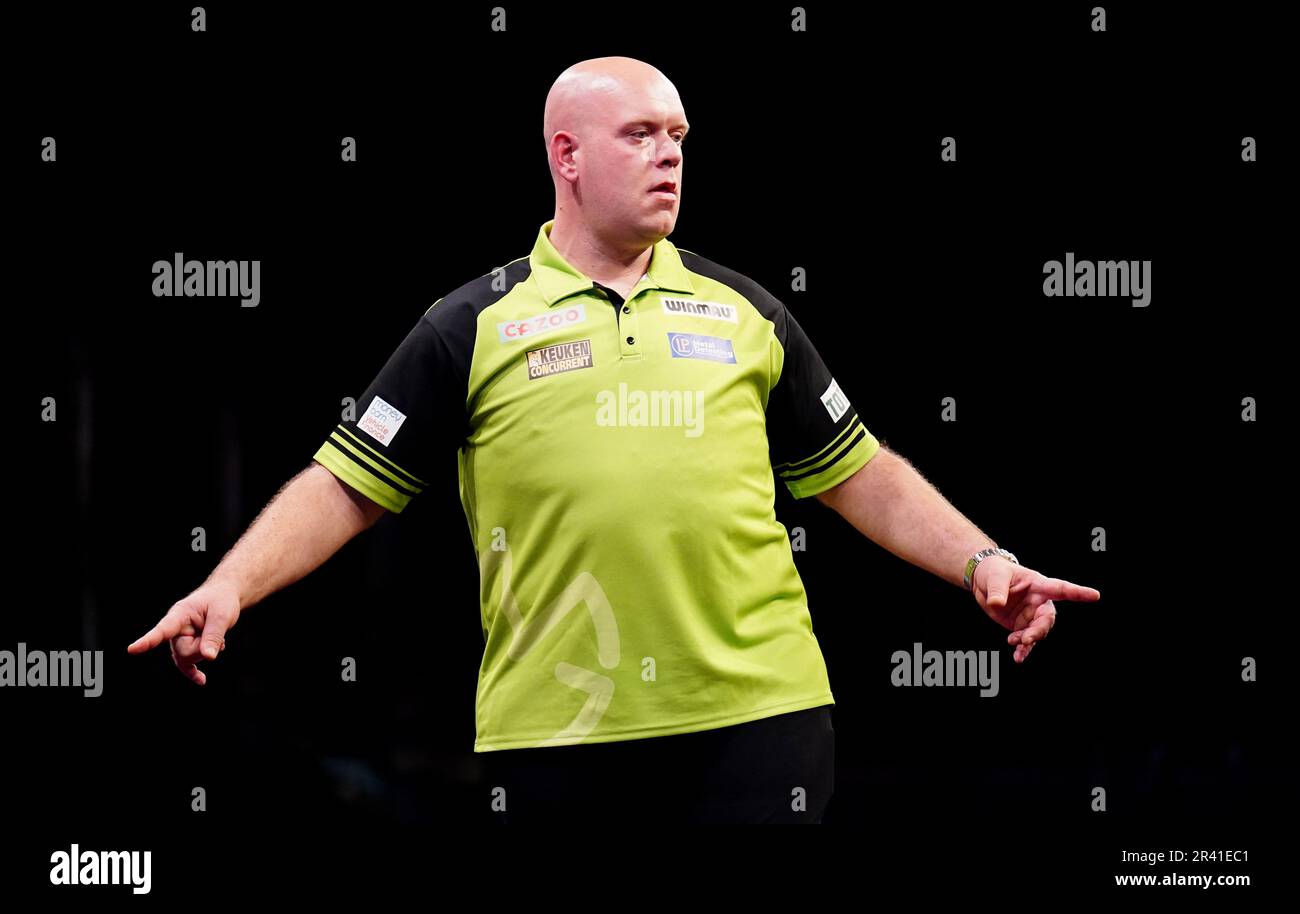 Michael van Gerwen in action against Gerwyn Price during the Cazoo Premier League play-offs at The O2, London. Picture date: Thursday May 25, 2023. Stock Photo