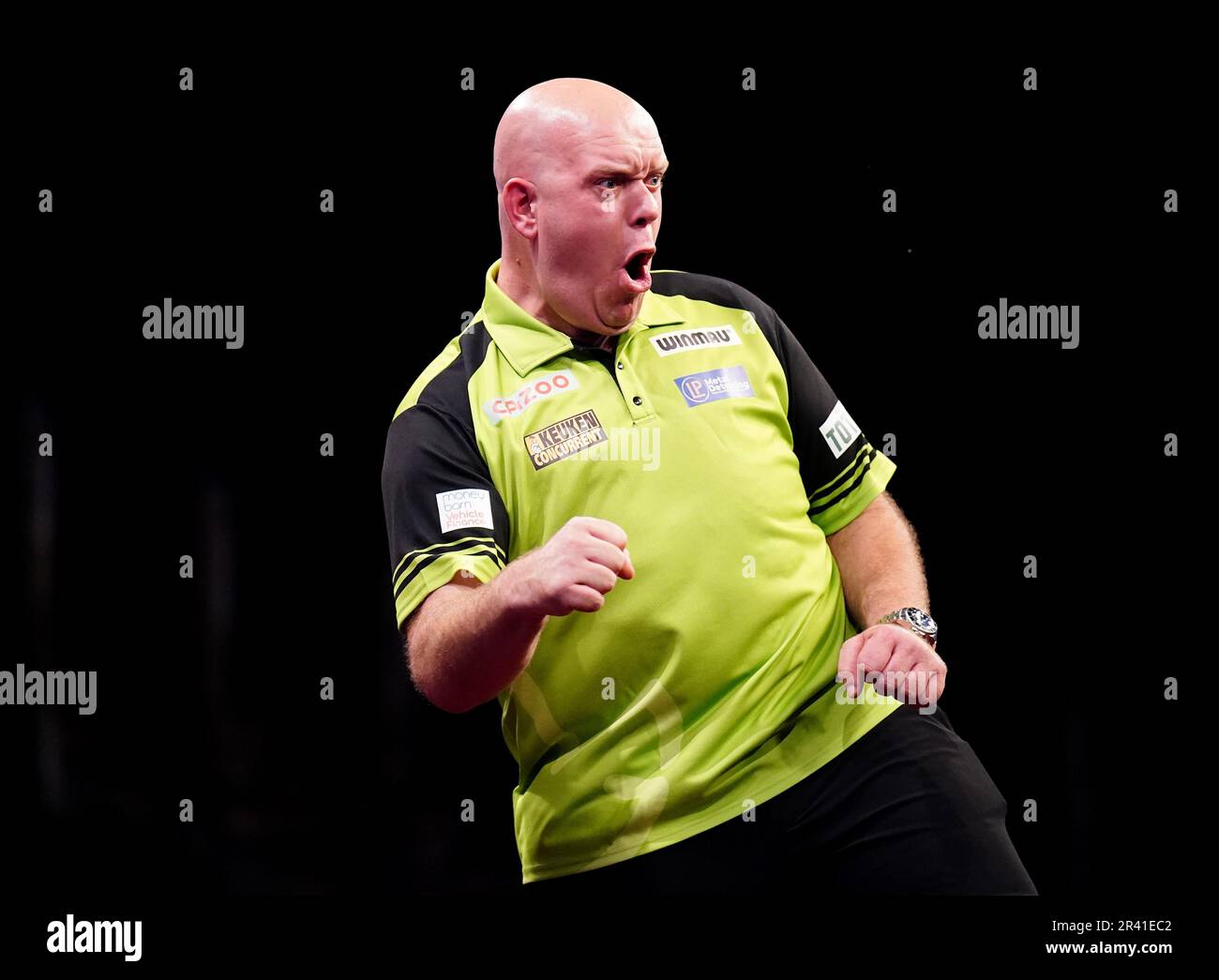 Michael van Gerwen in action against Gerwyn Price during the Cazoo Premier League play-offs at The O2, London. Picture date: Thursday May 25, 2023. Stock Photo