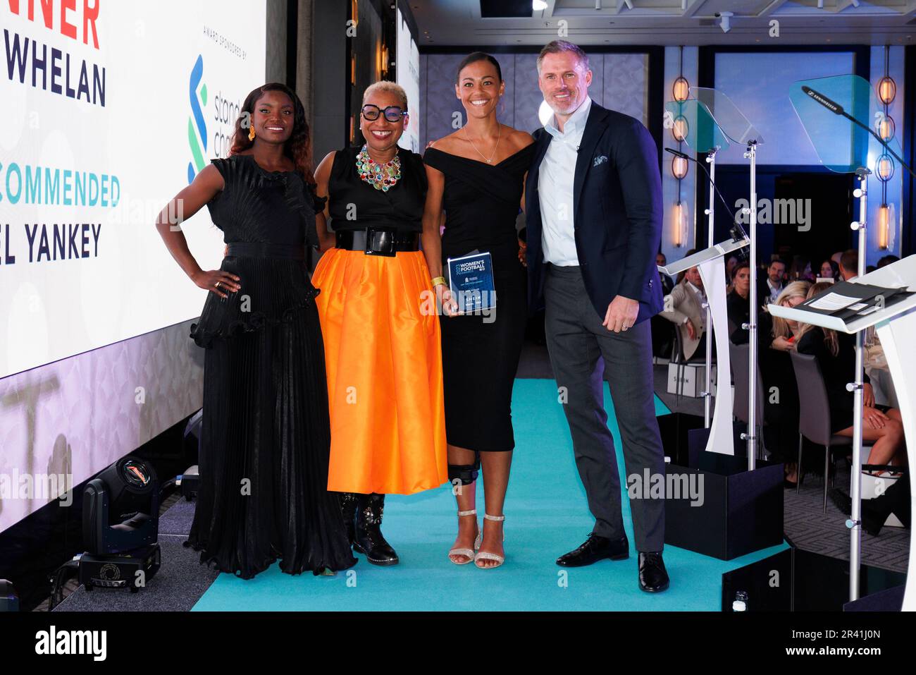 Fern Whelan (second right) poses with the Off The Pitch Award, alongside co-hosts Eni Aluko (left) and Jamie Carragher (right) at the SHEIN Women's Football Awards held at Nobu Hotel, London. Picture date: Thursday May 25, 2022. Stock Photo