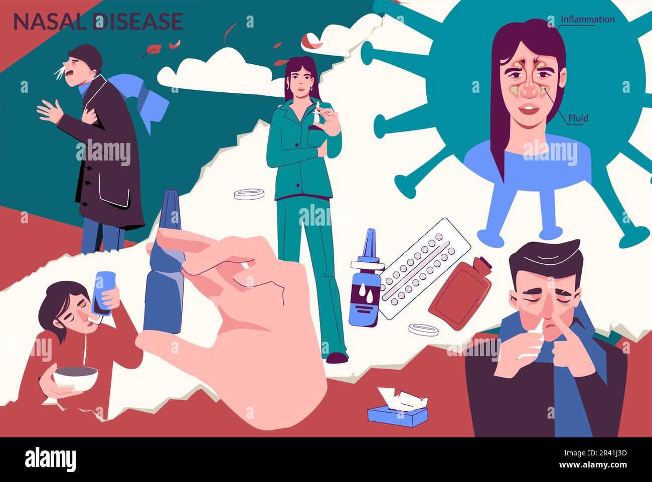 Flat nasal disease runny nose concept nasal decongestant pills and