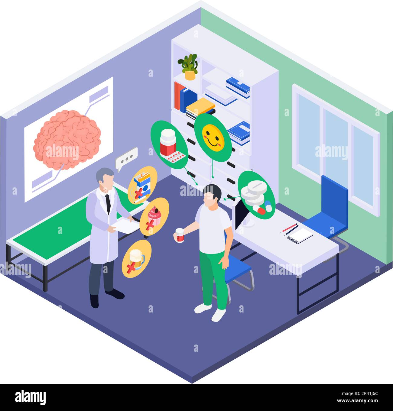 Mental health wellness icons composition with isolated doctors office ...