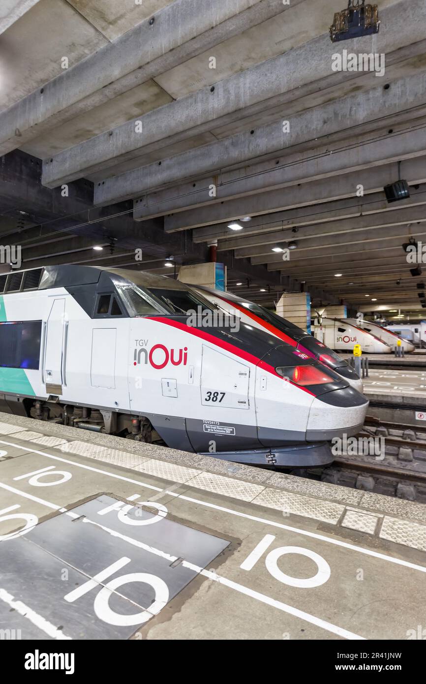 TGV trains SNCF high speed train in Gare Paris Montparnasse station portrait format in France