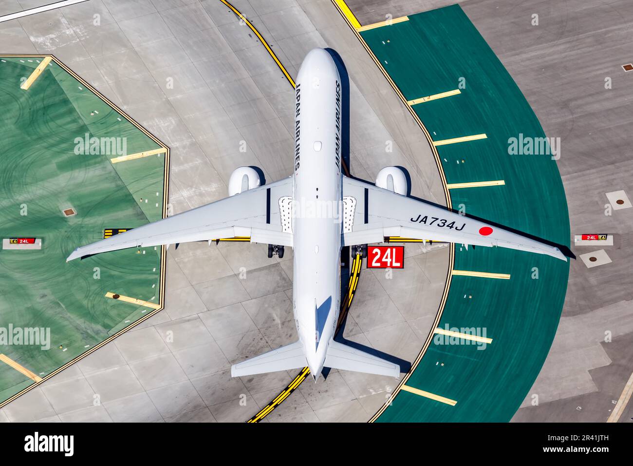 Japan Airlines Boeing 777-300(ER) aircraft Los Angeles airport in USA aerial photo Stock Photo