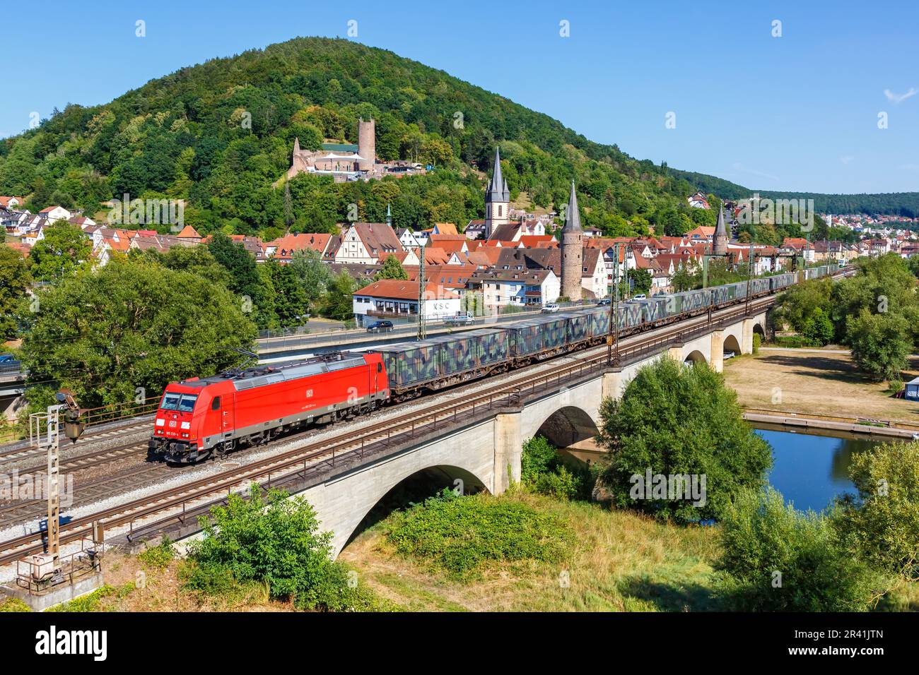 Freight train with military container cargo train of Deutsche Bahn DB in GemÃ¼nden am Main, Germany Stock Photo