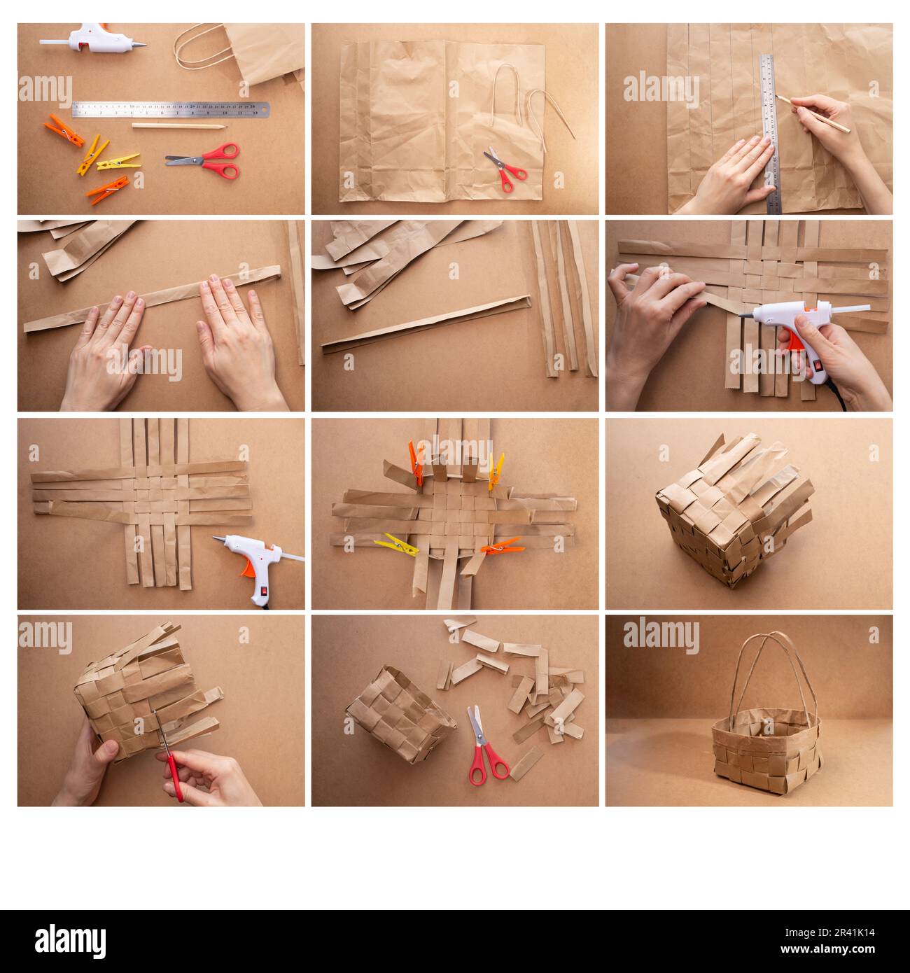 how to weave a simple paper basket, a stepbystep master class Stock