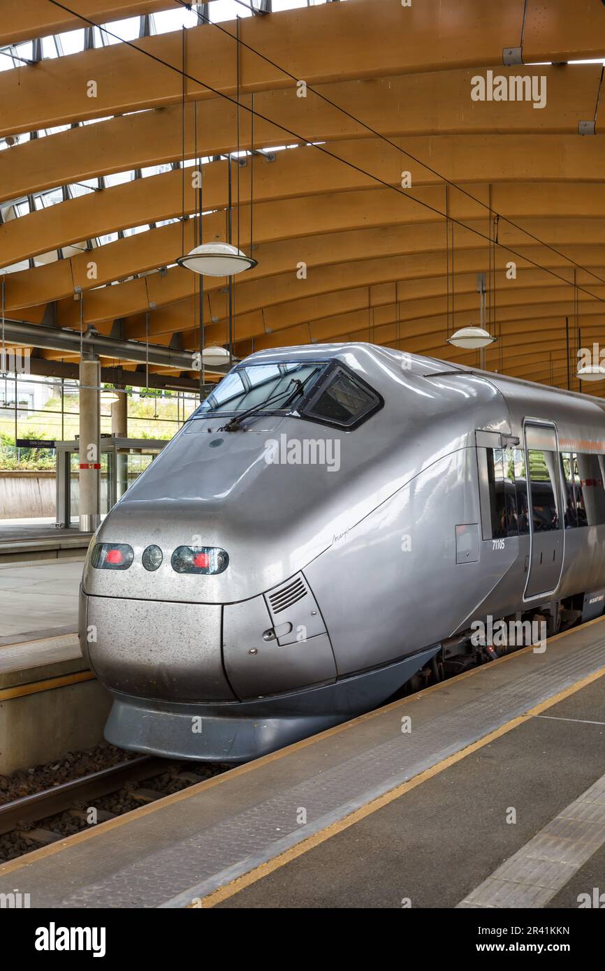 High speed train Flytoget train in Oslo airport Lufthavn station