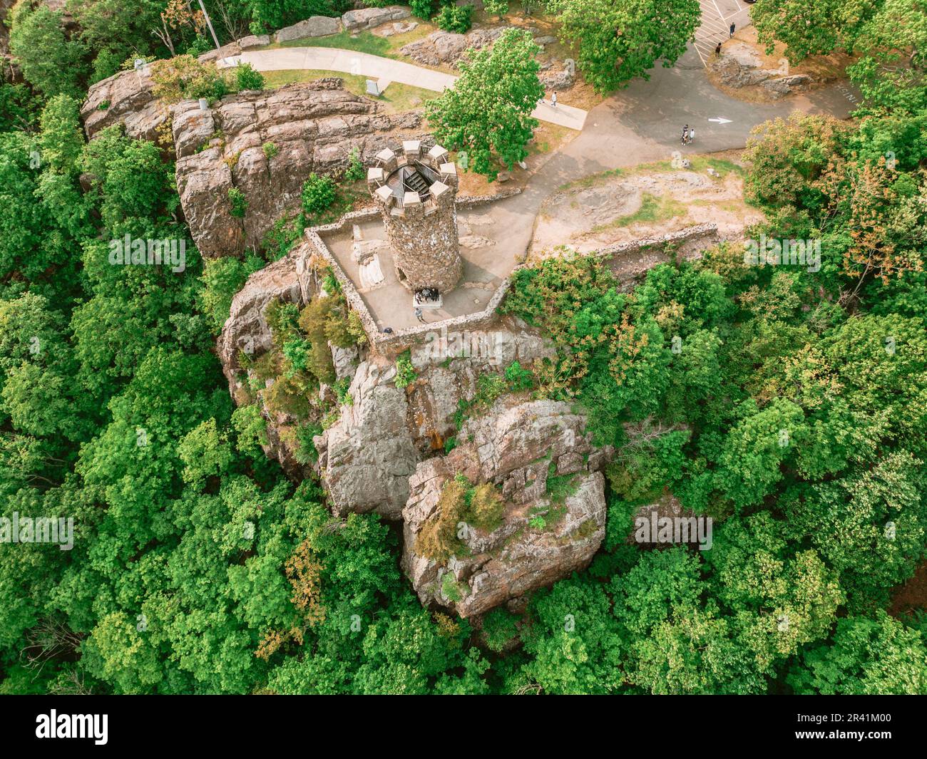 Overhead aerial view from Castle Craig in Hubbard Park in Meriden Connecticut. Stock Photo