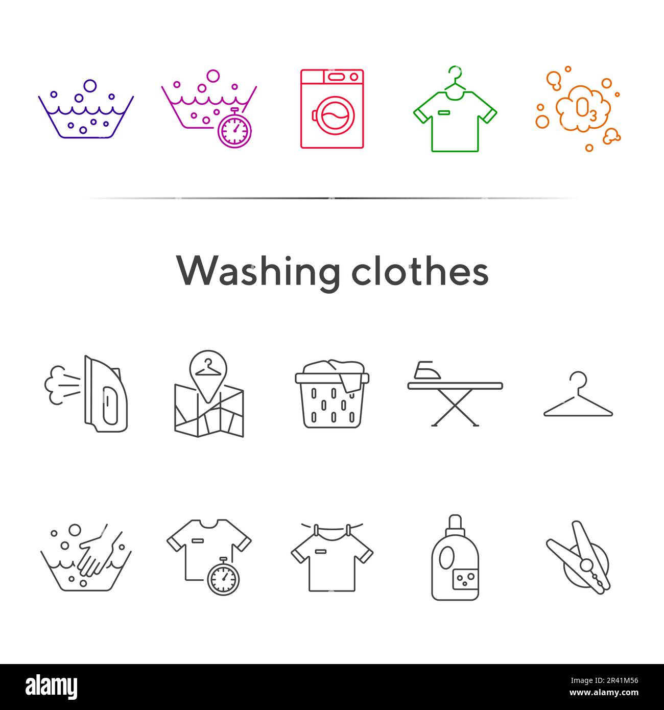 Washing clothes line icon set. Drying, textile, bleaching. Laundry