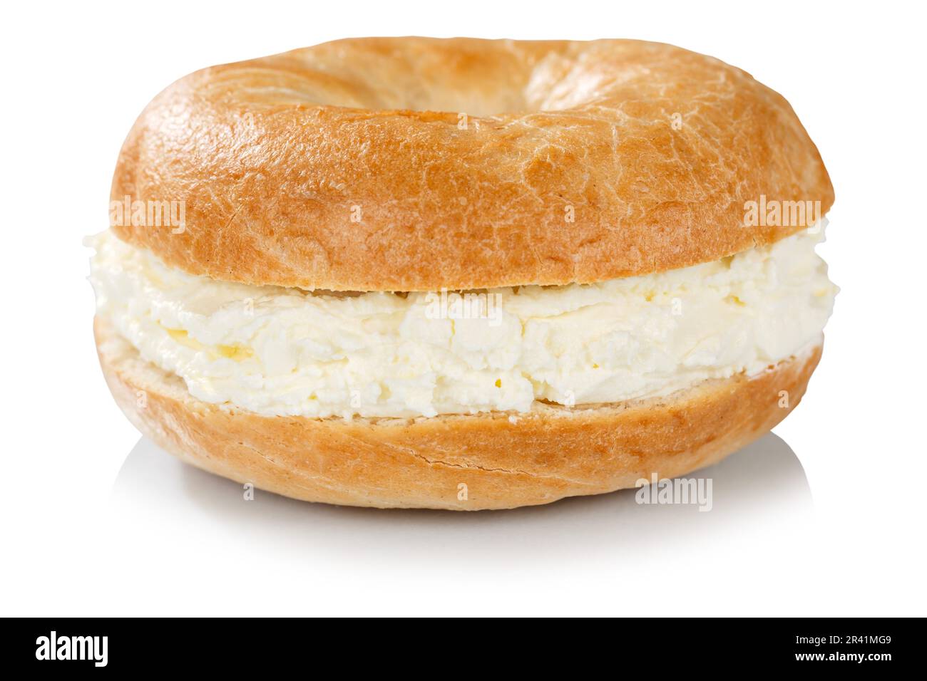 Bagel roll topped with cream cheese sandwich for breakfast isolated against a white background