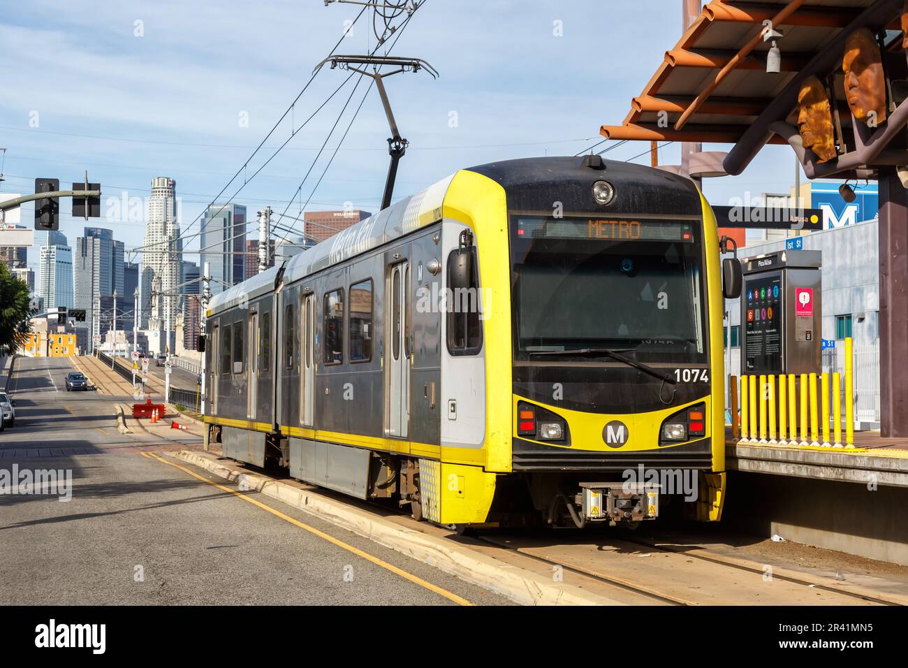 Metro Rail of the Gold Line light rail transit at the Pico Aliso stop in Los Angeles, USA Stock Photo