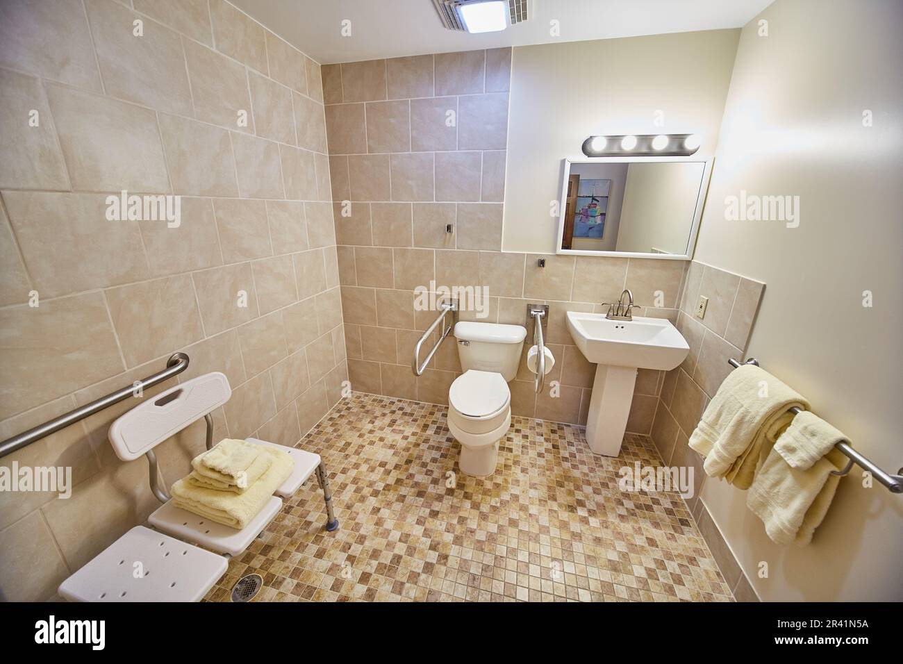 Retirement home handicap bathroom, seating, railing next to toilet