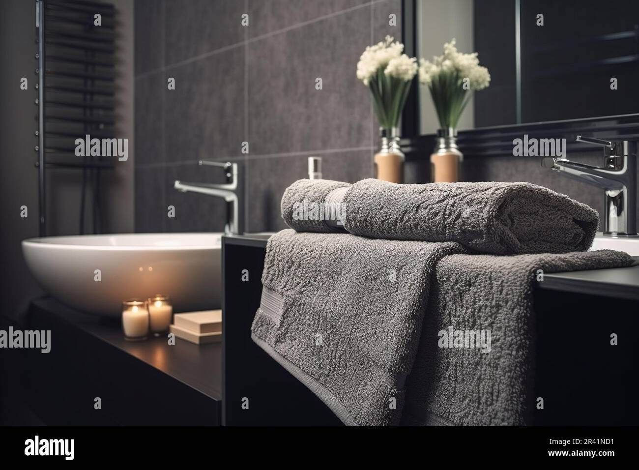 Image showcasing Stylish modern bathroom interior with towels Stock Photo - Alamy