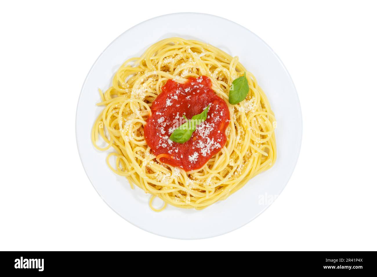 Spaghetti cutout isolated from above eat italian pasta lunch dish with tomato sauce in Stuttgart, Germany Stock Photo