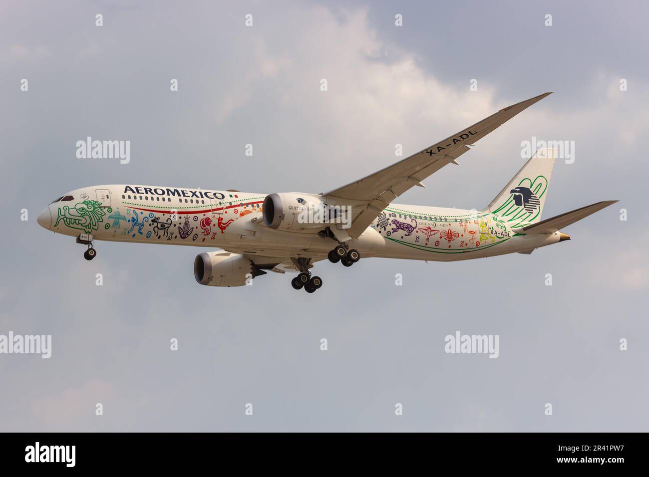 AeroMexico Boeing 787-9 Dreamliner aircraft Mexico City airport in Mexico Quetzalcoatl special painting Stock Photo