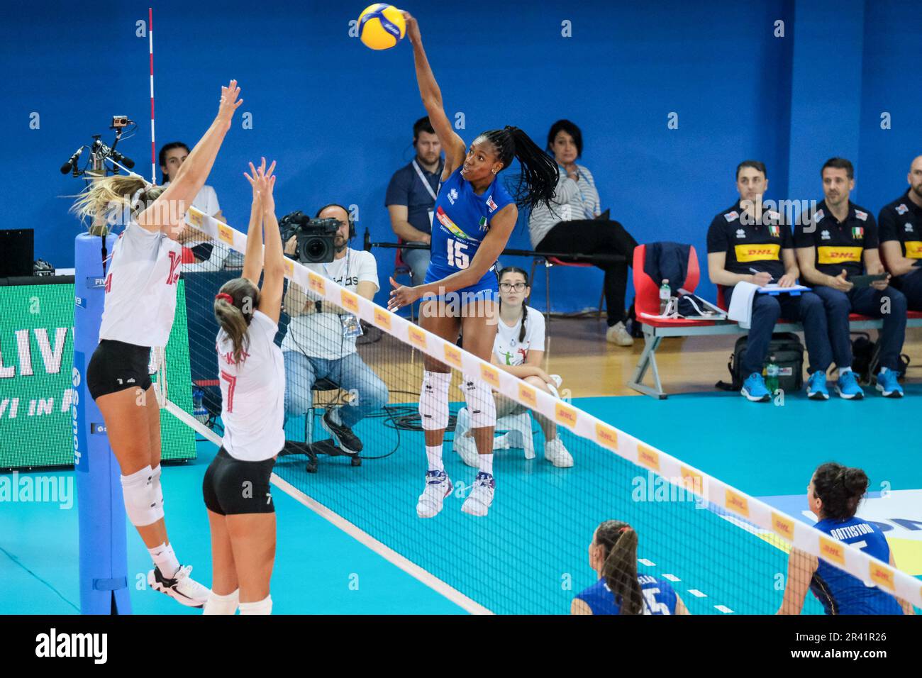 Sylvia Chinelo Nwakalor in action during the DHL Test Match Tournament women’s volleyball between Italy and Canada at Palazzetto dello Sport. Final score; Italy 3:1 Canada. Stock Photo