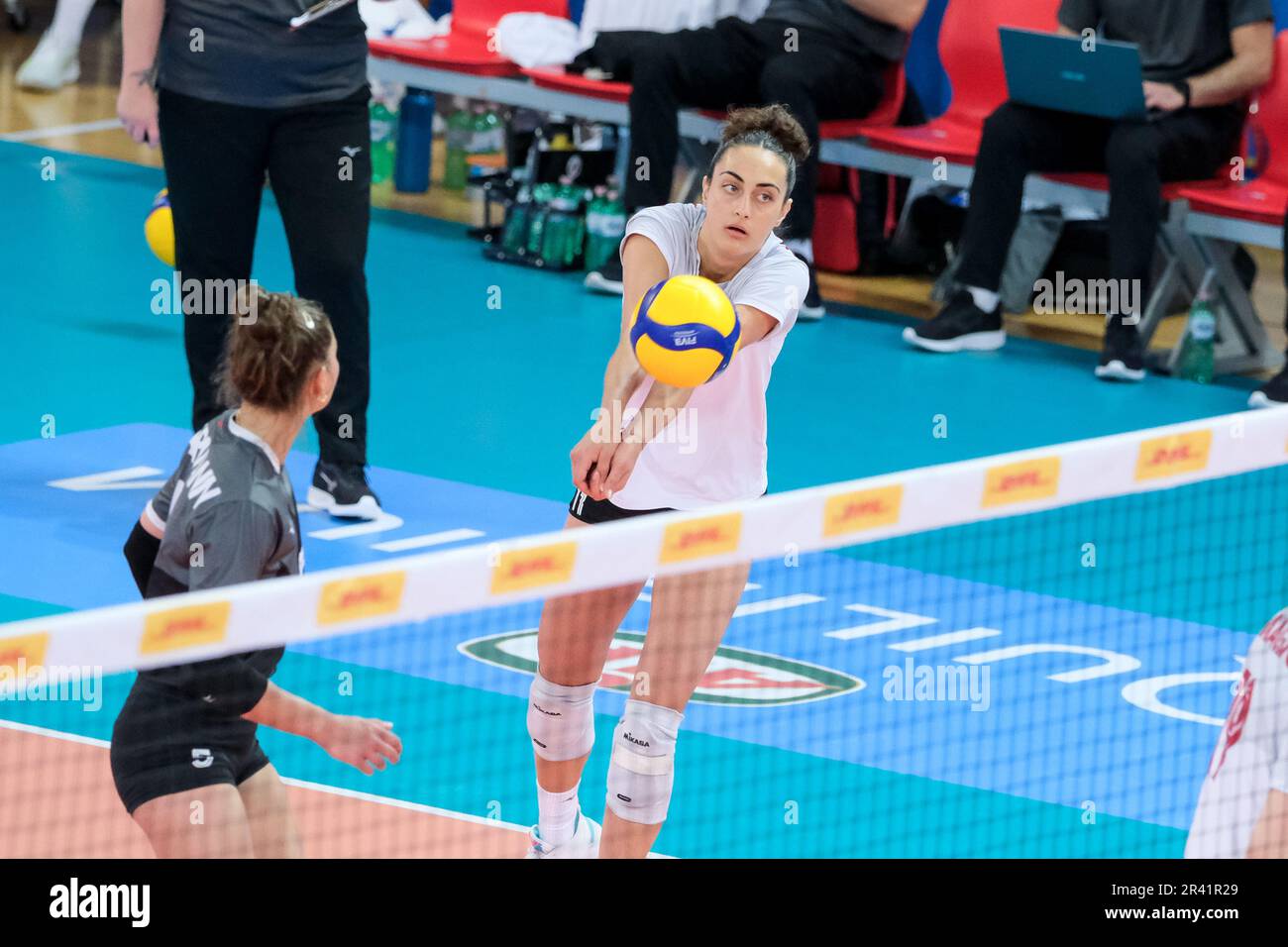 Andrea Mitrovic (R) of Canada in action during the DHL Test Match Tournament women’s volleyball between Italy and Canada at Palazzetto dello Sport. Final score; Italy 3:1 Canada. Stock Photo
