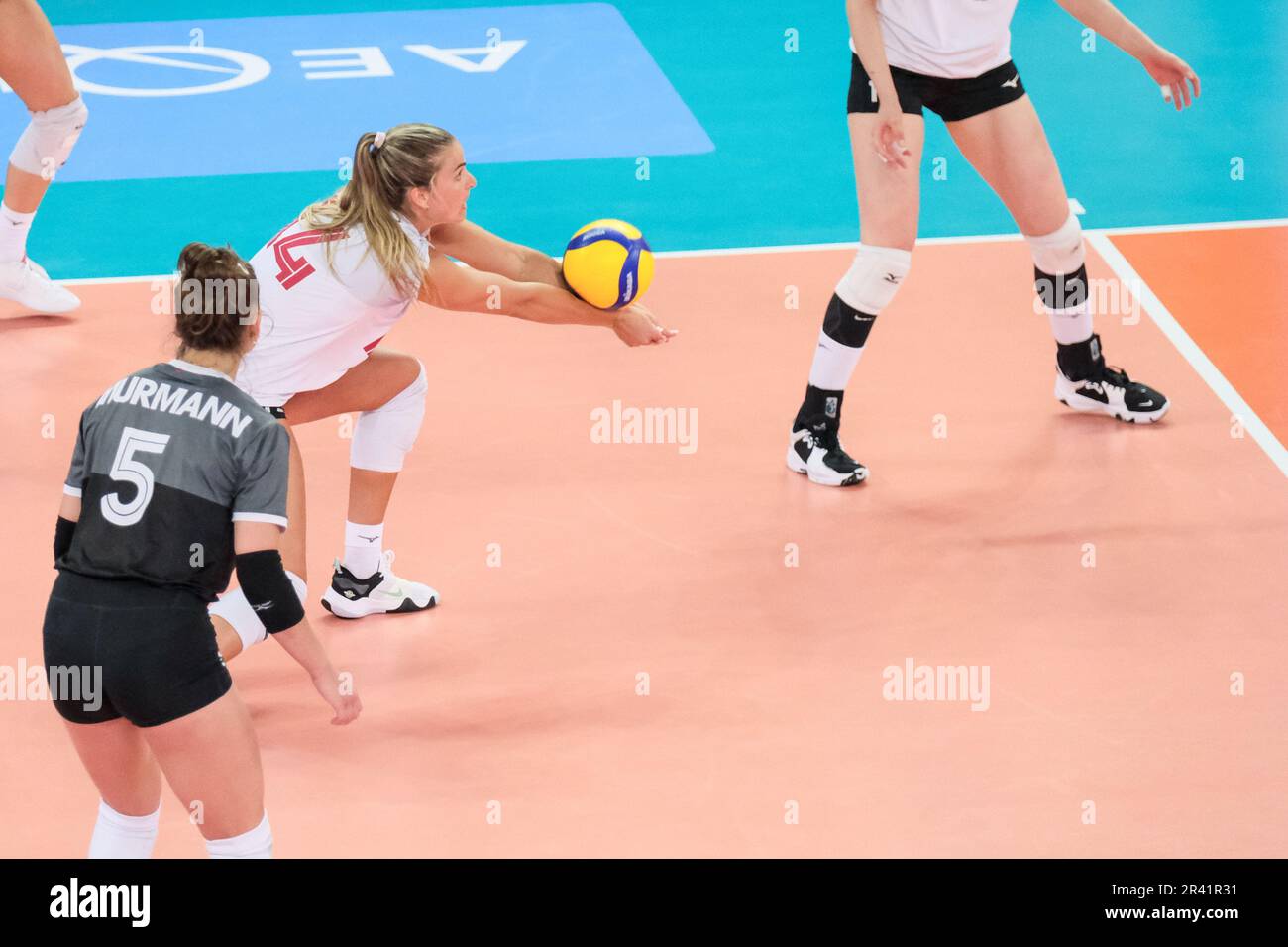 Hilary Howe of Canada in action during the DHL Test Match Tournament women’s volleyball between Italy and Canada at Palazzetto dello Sport. Final score; Italy 3:1 Canada. Stock Photo