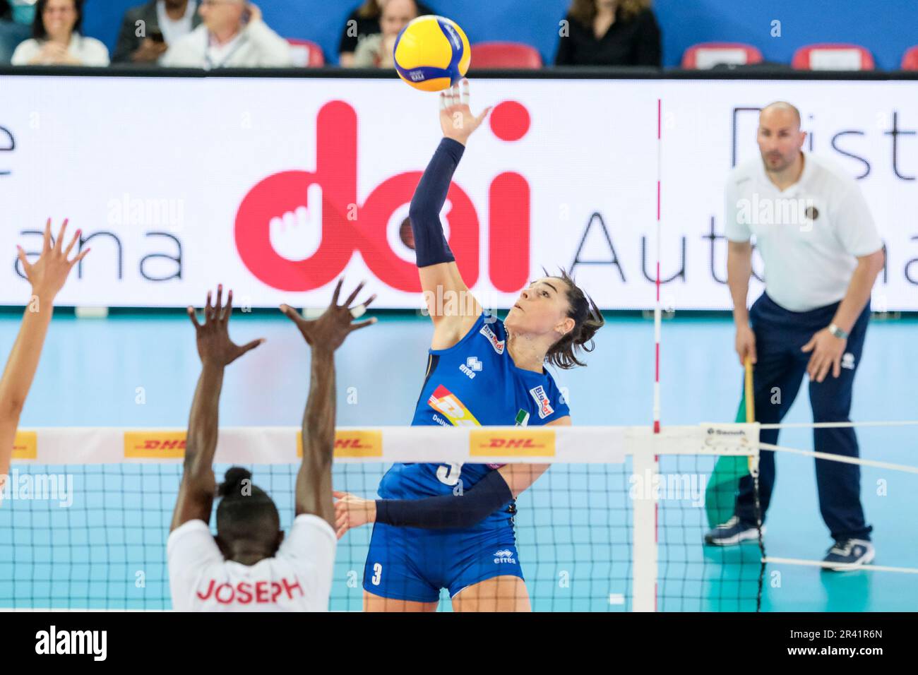 Francesca Villani of Italy in action during the DHL Test Match Tournament women’s volleyball between Italy and Canada at Palazzetto dello Sport. Final score; Italy 3:1 Canada. Stock Photo