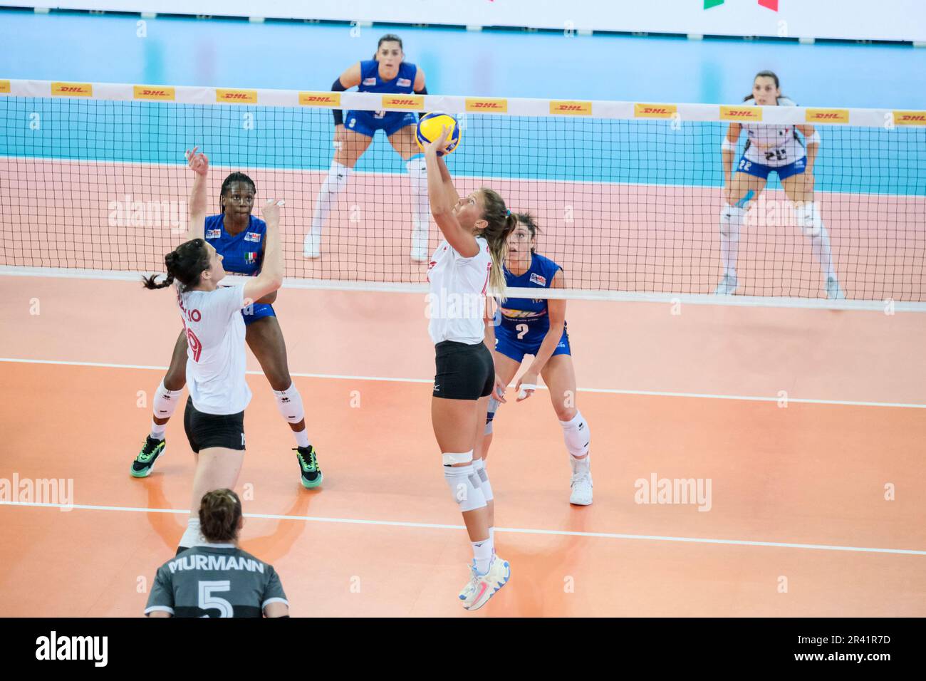 Hilary Howe (R) of Canada in action during the DHL Test Match Tournament women’s volleyball between Italy and Canada at Palazzetto dello Sport. Final score; Italy 3:1 Canada. Stock Photo