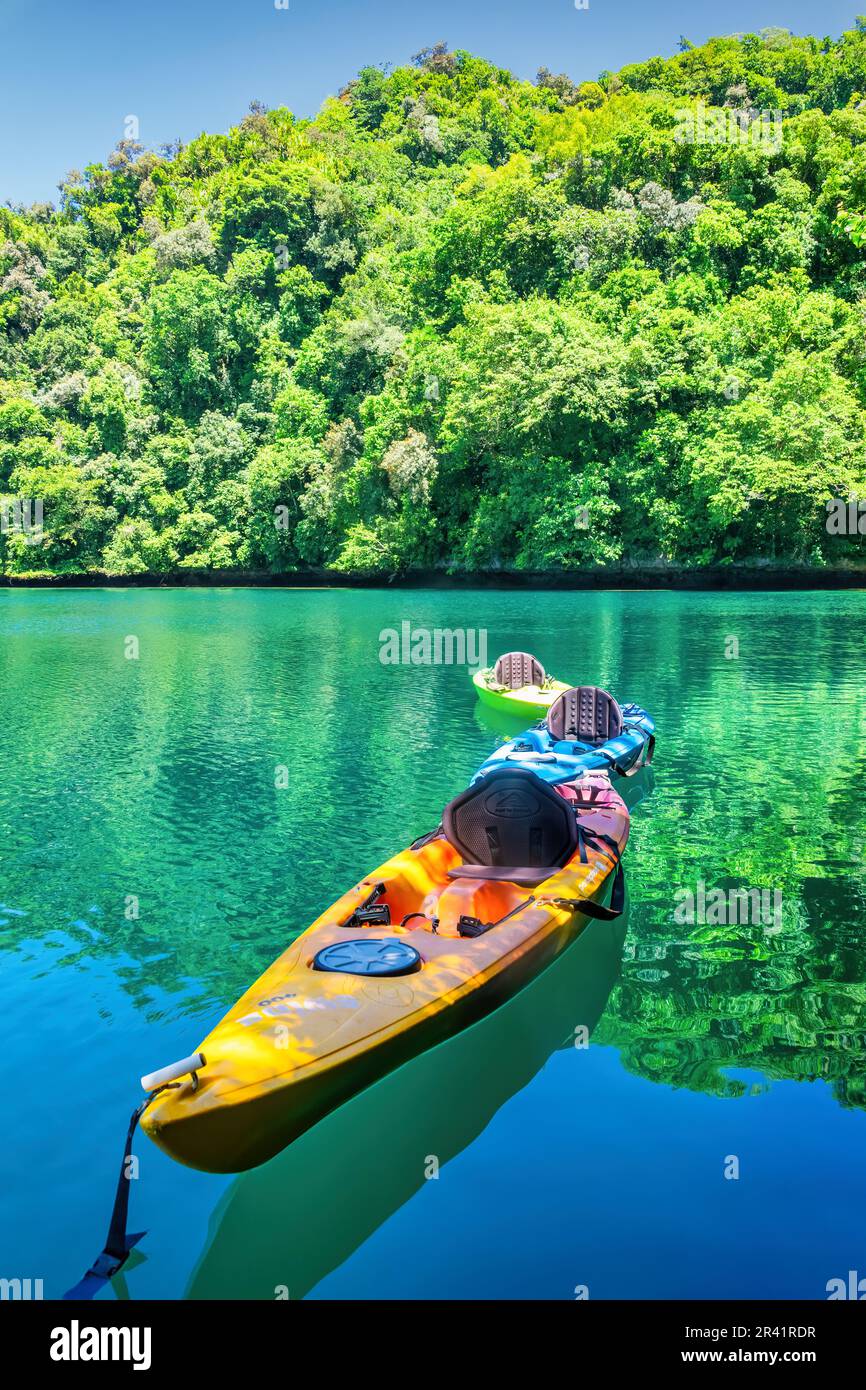 Kayaks in the Rock Islands in Palau, Micronesia, Oceania, UNESCO World Heritage Site Stock Photo