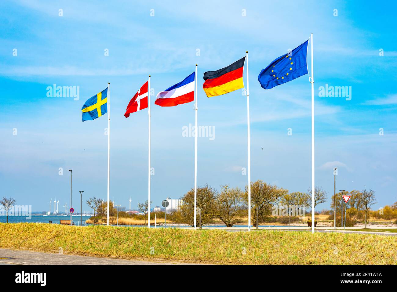 Flags of Scandinavian, the European, German and the flag of Schleswig-Holstein in Fehmarn Stock Photo