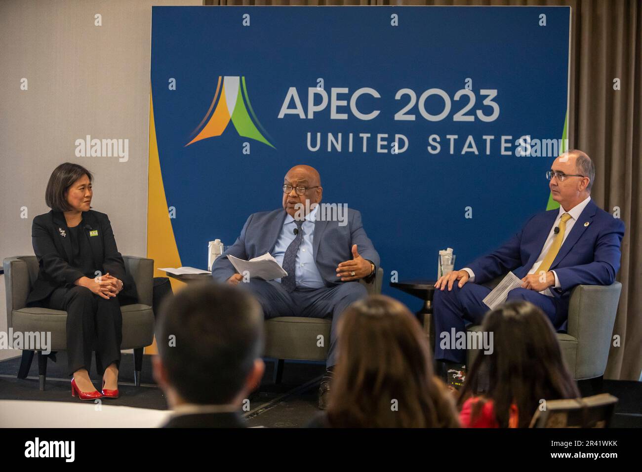 Detroit, Michigan, USA. 25th May, 2023. A discussion on Trade and Working People during the APEC Ministers Responsible for Trade Meeting. From left: U.S. Trade Representative Katherine Tai, AFL-CIO Secretary-Treasurer Frederick Redmond, and United Auto Workers President Shawn Fain. Credit: Jim West/Alamy Live News Stock Photo
