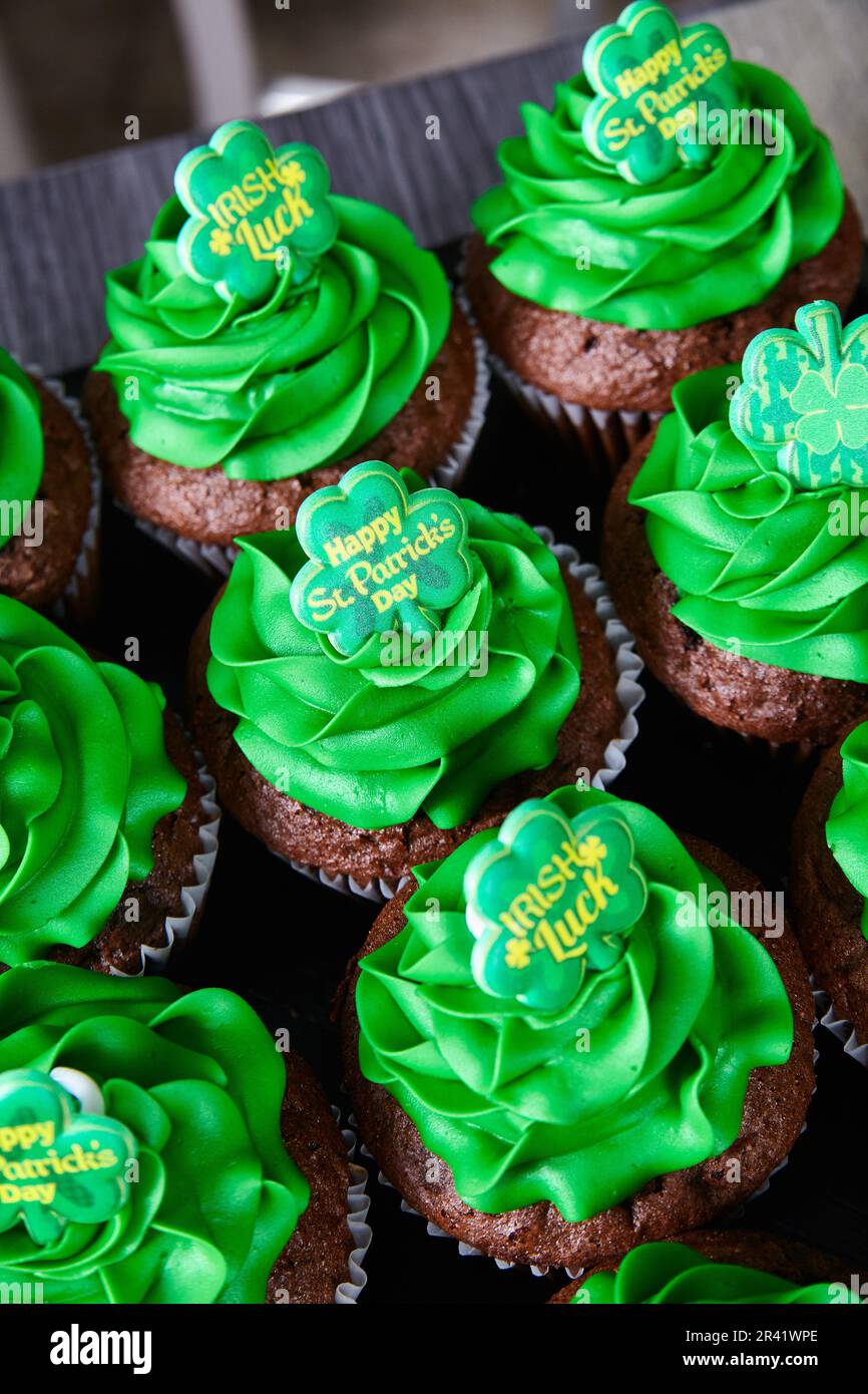 Wall Happy St. Patrick’s Day chocolate cupcakes Irish luck four-leaf clover sayings green frosting Stock Photo