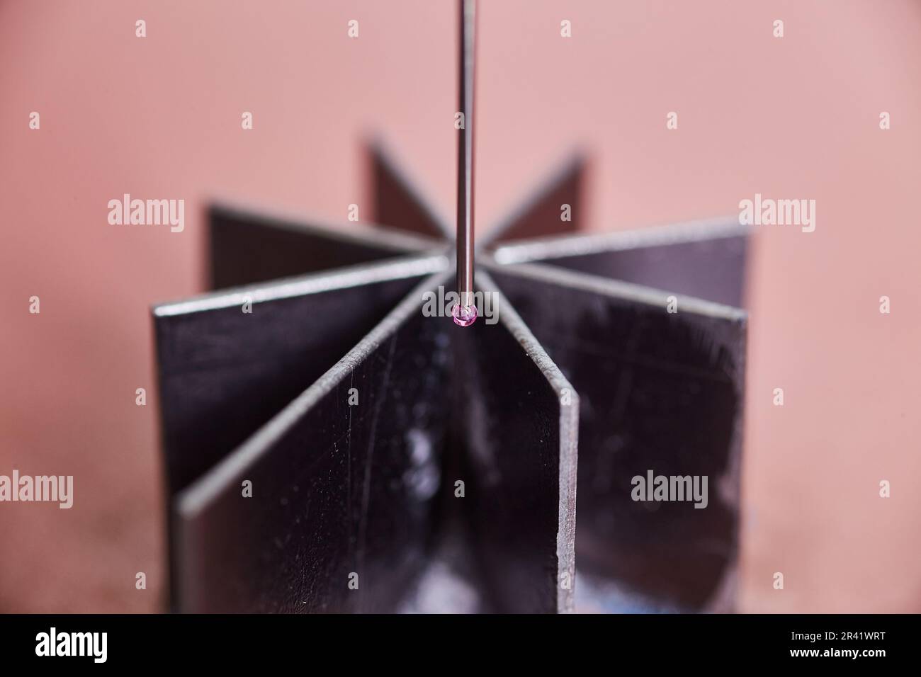 Pink and steel machine part probe by CMM machine programming Metrology ...