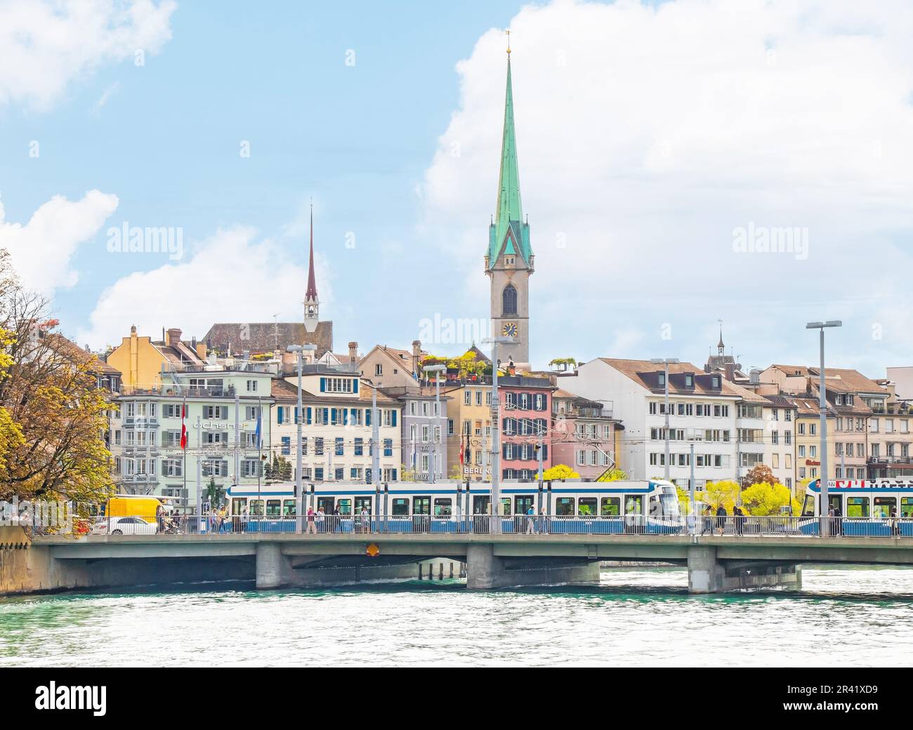 View over the Limmat river in Zurich, Predigerkirche church Stock Photo